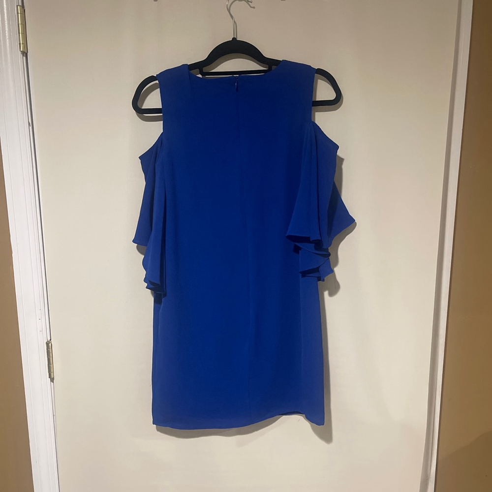 Women's London Times Royal Blue Cold Shoulder Ruffle Mini Dress US 4 - Picture 7 of 9